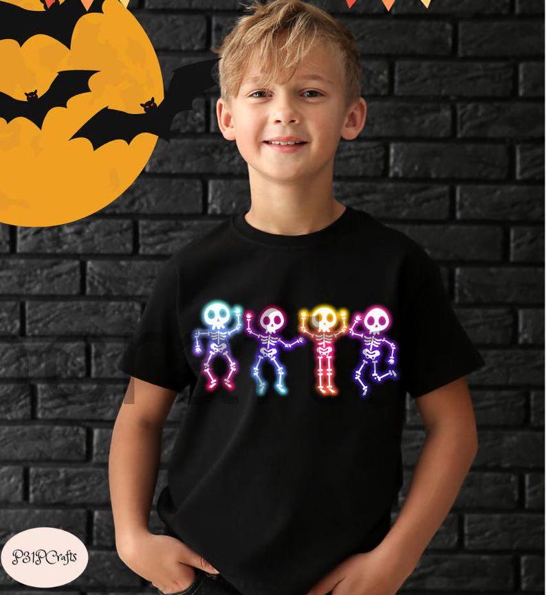 Halloween Skeleton Neon PNG, Cute Glow In the Dark Image, Kids Halloween Shirt Design Skeleton, Spooky Season, Neon Sublimation Png Designs