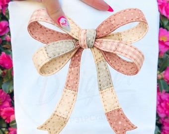 Boho Patchwork Bow PNG | Cottagecore Stitched Bow Sublimation File | Preppy Scrapbook Clipart | Digital Download