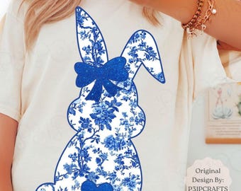 Easter Bunny PNG: Coquette Toile Rabbit, Floral Bow (Digital Download)