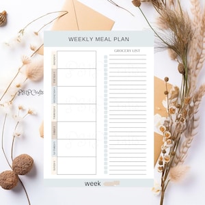 Planificateur de repas hebdomadaire avec modèle imprimable de liste de courses, plan de menus sur 7 jours, liste de courses imprimable, planificateur de nourriture, PDF à remplir au format lettre/A4/A5