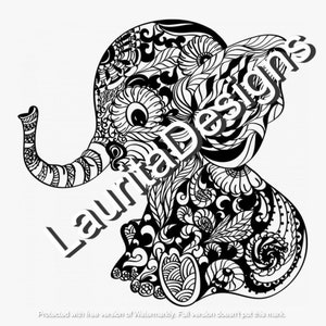 May include: Black and white line art illustration of an elephant with intricate floral patterns. The elephant's trunk is curled up and its head is tilted to the side. The image is a digital download and can be used for coloring, printing, or crafting.