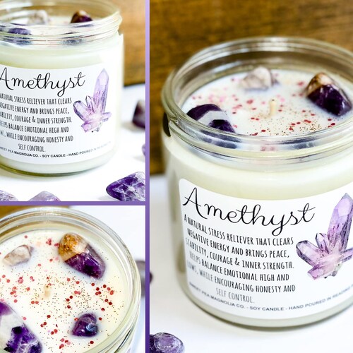 Amethyst Candle Crystal Infused Crystal Candle Wica Decor Etsy