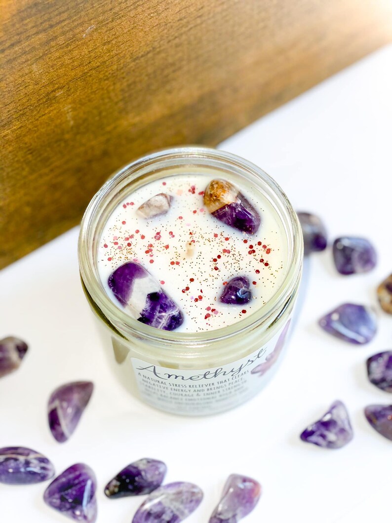 Amethyst Candle Crystal Infused Crystal Candle Wica Decor Etsy