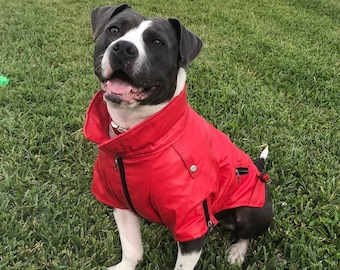 Pleather Dog Jacket: Wide Chest Bully Breeds and Long Length Option - Zipper Accents