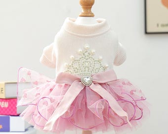 Chenille Tutu Dog Dress – stretchy- Princess motif with Heart Tulle Skirt