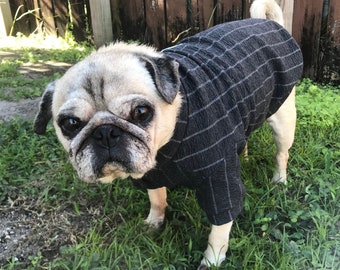 Wider Cut Stretch Pinstripe Dog Shirt, Snap Closures, Great for Pugs, Bulldogs, Frenchies, & Deep chest shorter dogs. Grey or Wine S-2XL