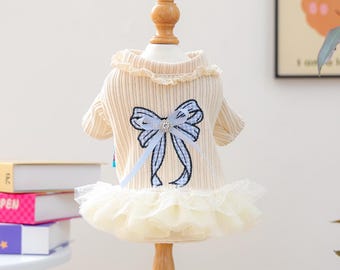 Ribbed Chenille Dress with Tulle Skirt and Gingham Bow. Cozy Cottage Vintage inspired, Dogs 2-25 lbs