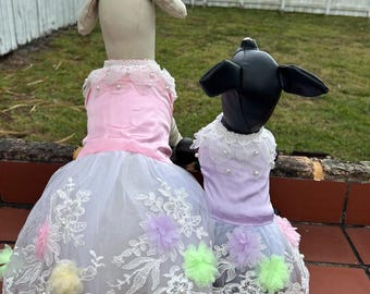 Satin Dog Dress with Organza Skirt, Floral Accents, Small Dog Outfit