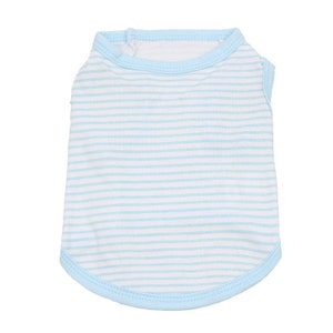 May include: A sleeveless blue and white striped dog shirt. The shirt has a round neckline and a blue trim.