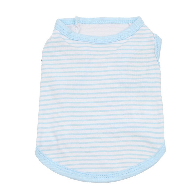 May include: A sleeveless blue and white striped dog shirt. The shirt has a round neckline and a blue trim.