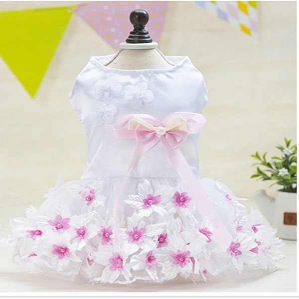 Beautiful White Satin Dog Dress with Delicate Pink or Purple flowers and Matching Bow - For Small Dogs (XS-XL)