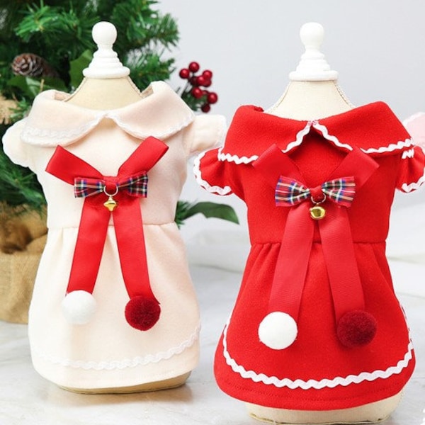 Adorable Christmas Dress for Small Dogs about 3-25 Pounds. Red or Beige with Holiday accents and Jingle bell. Free Personalization ( XS-XL)