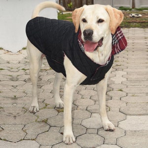 Large Dog Reversible quilted &  Flannel Plaid Jacket- Self-Fastening Closures. For Approx. 50-80 pound dogs. Free Personalization Included