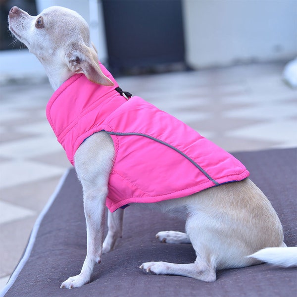 Lightweight Reversible Jacket for Small Dogs , Bright Pink and Blue - Self Fastening Closures & D-Ring ( XS-XL)