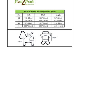 May include: Size chart for dog clothes with measurements in inches and centimetres. The chart shows neck, chest, and length measurements for sizes XS, S, M, and L.