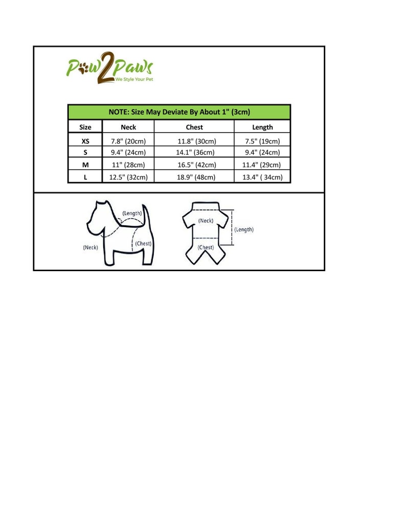 May include: Size chart for dog clothes with measurements in inches and centimetres. The chart shows neck, chest, and length measurements for sizes XS, S, M, and L.