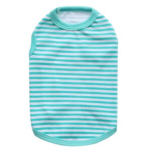 May include: A sleeveless teal and white striped dog shirt. The shirt has a round neckline and a curved hem.