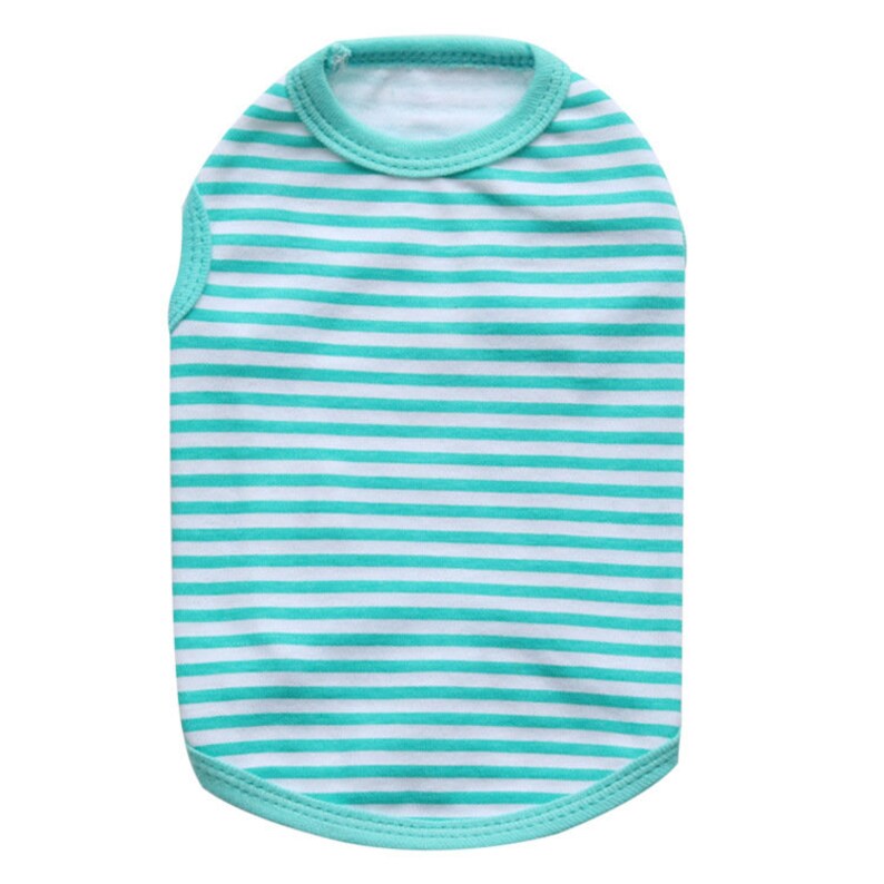 May include: A sleeveless teal and white striped dog shirt. The shirt has a round neckline and a curved hem.