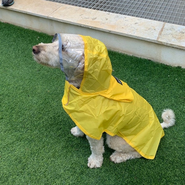 Rain Poncho, Waterproof With See-through Visor. Yellow or Blue for Very Small to Very Large Dogs , Carrying Pouch - (Sizes from SM-3XL)
