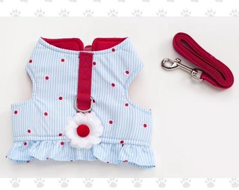 Sweet and Sassy Light Blue and Red Daisy Harness Vest with Leash for Small Dogs, Lightweight ( XS-M)