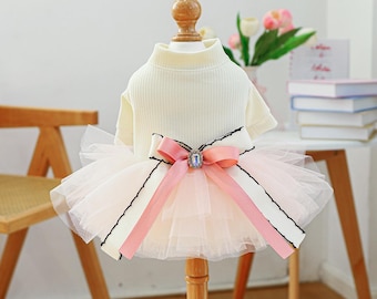 Cream Color Dog Dress with Light Pink Tulle Skirt and Bow Easy Snap Closures -Stretch Ribbed fabric (2-30 lbs)