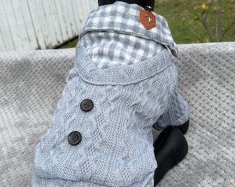 Plush Lined Dog Sweater: Blue Knit with Flannel Trim