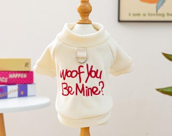 Embroidered Chenille Dog Pullover, Cream Ribbed Sweater with D-Ring