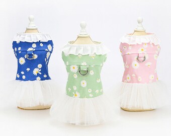 Lightweight Denim Daisy Dog Harness Dress with Tutu & Leash D-Ring