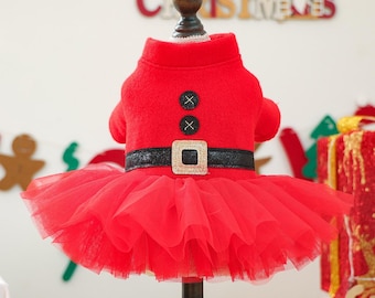 Festive Red Santa Dog Dress with Tulle Skirt and Snap Closures, Warm Woolen like Fabric, Dogs 2-25 lbs. Christmas Pet Apparel