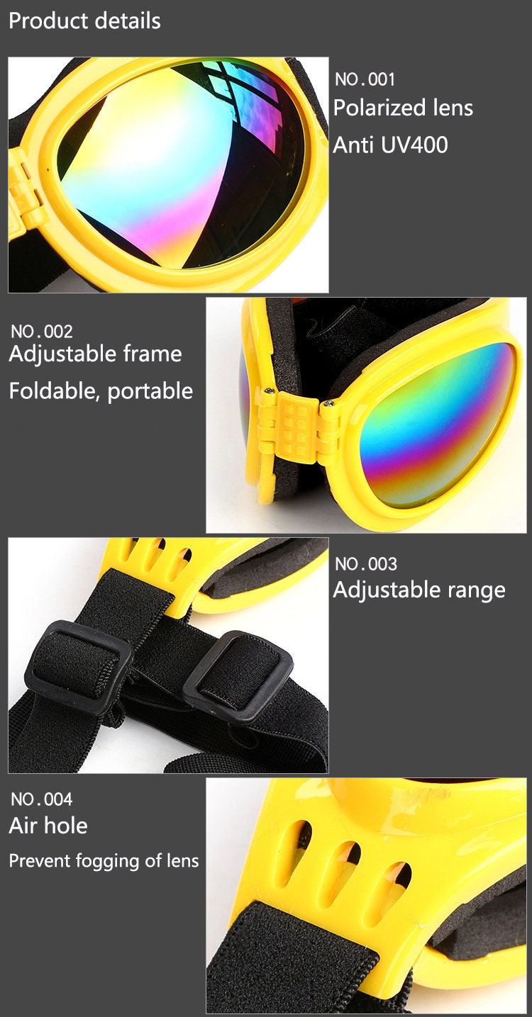 Doggie Sunglasses with UV Protection – Chin Strap, Foldable, works great with water, snow , sun and wind- Multiple Color Options