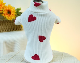 White Ribbed Dog Sweater with Red Hearts, Cozy Pet Shirt with Stretch (2-30 lbs)
