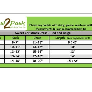 May include: Size chart for a Sweet Christmas Dress in red and beige. The chart shows sizes XS through XL with measurements for neck, chest, and length in inches.