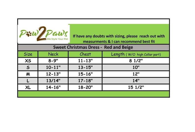 May include: Size chart for a Sweet Christmas Dress in red and beige. The chart shows sizes XS through XL with measurements for neck, chest, and length in inches.