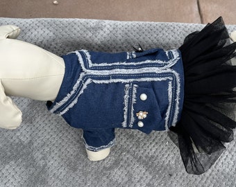 Warm Denim Plush Lined Doggie Dress with Black Tutu, Snap Closure, foe smaller dogs (3-25 pounds)