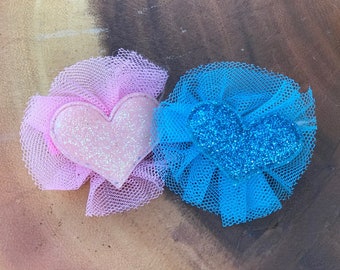 Dog hair bow - Blue or pink sparkle heart with tulle