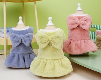 Plush Dog Dress with Bow and D-ring, Cozy Warm Fabric in Antique Rose, Steel Blue, Light Sage - Dogs (2-30 lbs)