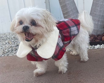 Soft Woolen Like Wintery Dress with Peter Pan Collar for Small Dogs (3-25 lbs), Red and Grey Plaid, Non- Itch. (XS-XL)- Warm and Cozy Sofy