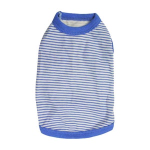 May include: A blue and white striped dog shirt with a blue trim around the neck and bottom.