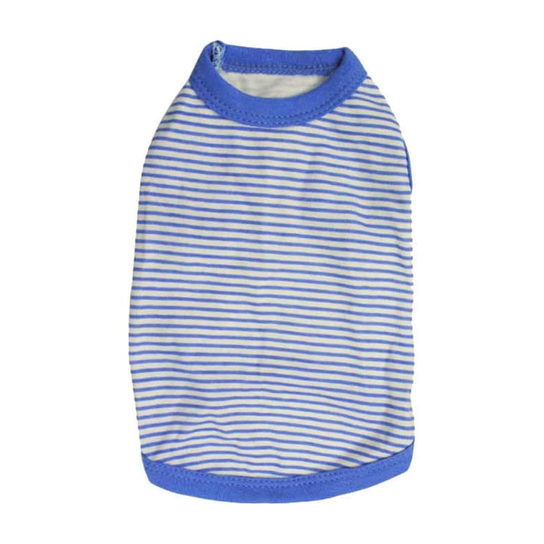 May include: A blue and white striped dog shirt with a blue trim around the neck and bottom.