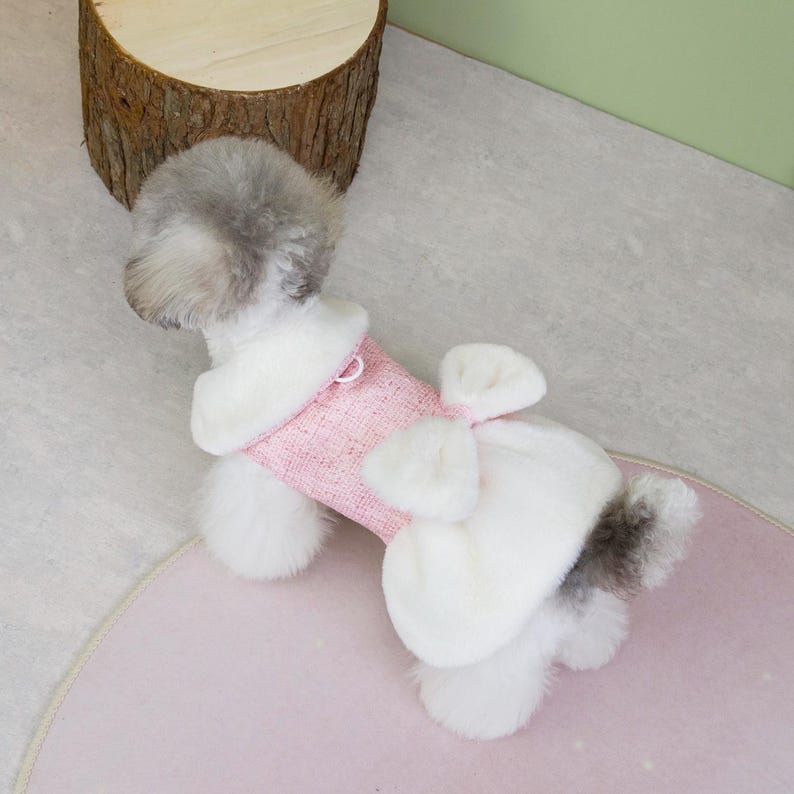 K&ouml;nnte beinhalten: Ein rosa Hundemantel mit wei&szlig;em Kunstfellkragen und -besatz. Der Mantel hat eine Schleife auf dem R&uuml;cken und eine kleine Schlaufe f&uuml;r eine Leine. Der Hund ist hellgrau und wei&szlig; und liegt auf einer rosa Matte.