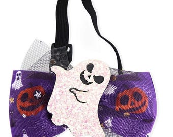 Halloween Pet Bow Collar with Ghost and Pumpkin Design - Adjustable up to 20" Neck