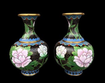 ヴィンテージ安藤七宝七宝花瓶：緑釉牡丹模様 - Etsy 日本