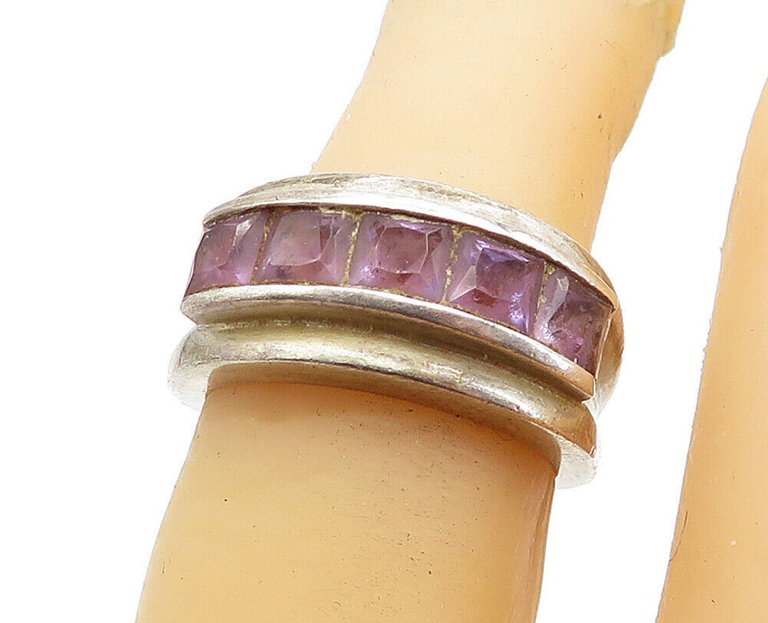 925 Sterling Silver Vintage Square Cut Amethyst 5 Stone Band - Etsy