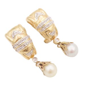 14K GOLD Vintage Earrings ISRAEL Carved Real Diamonds Dangling Pearl GE236