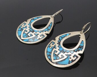 MEXICO 925 Sterling Silver - Vintage Turquoise Mosaic Dangle Earrings - EG4176