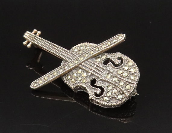 925 Sterling Silver - Vintage Marcasite Violin In… - image 1