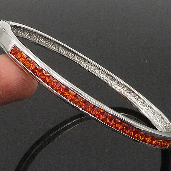 925 Sterling Silver - Vintage Orange Topaz Shiny Oval Bangle Bracelet - BT9281