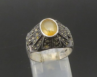 Argento sterling 925 - Anello vintage a fascia con cupola con citrino e marcasite misura 6 - RG21999