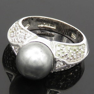 925 Sterling Silver Shiny Blue Pearl & White Topaz Band Ring Sz 7 RG17106 image 1