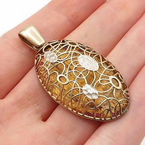 925 Sterling Silver Vintage Two Tone Floral Swirl Oval Dome Pendant PT3214